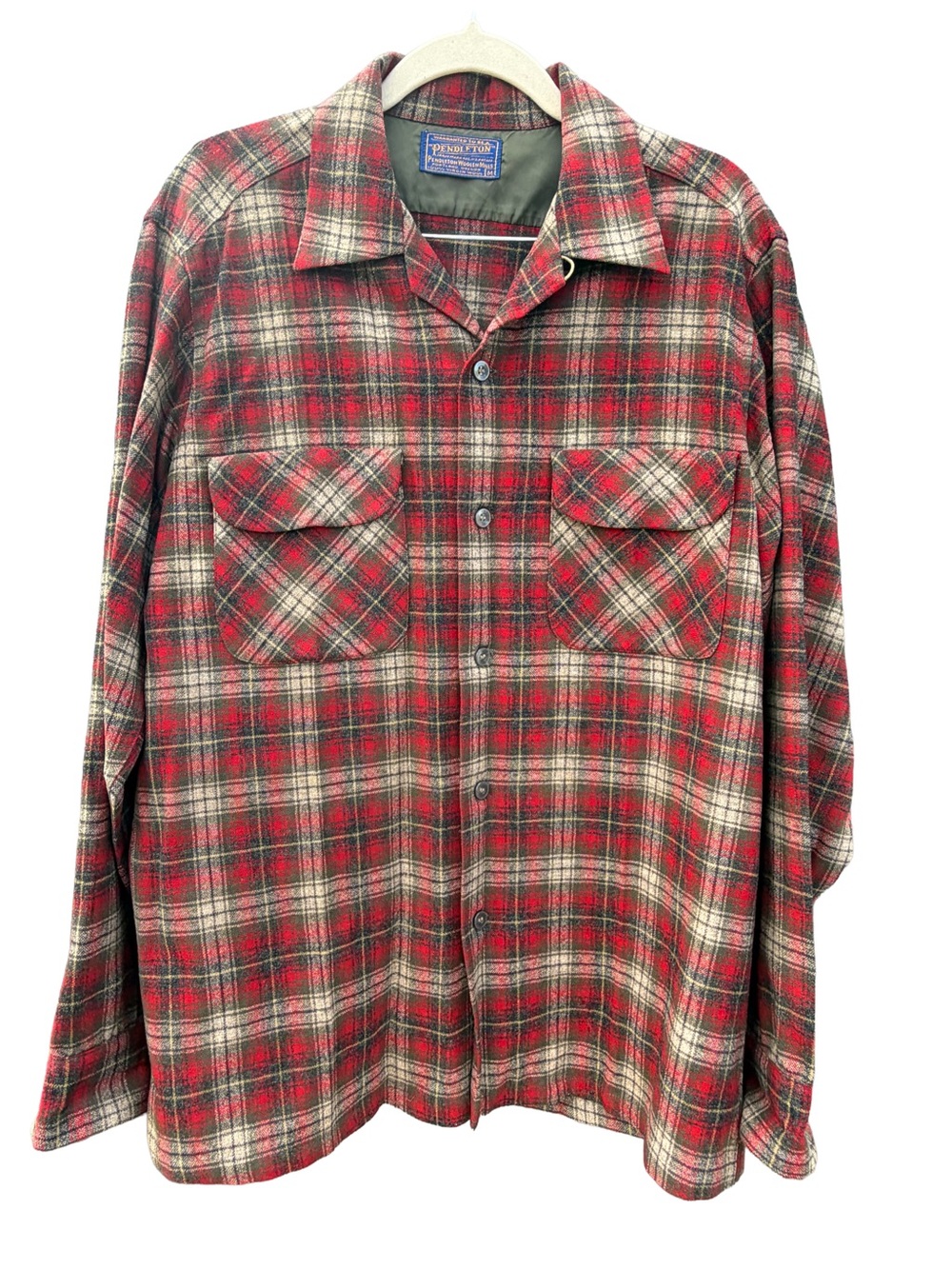 Vintage 1960s Pendleton Board Shirt M Red Green Plaid Loop Collar Wool Flannel